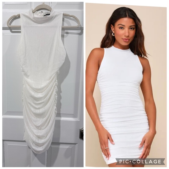 Lulus Dresses & Skirts - Lulu's White Mesh Ruched Sleeveless Mock Neck Bodycon Mini Dress Size S